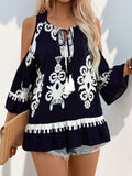 Tassel Printed Tie Neck Cold Shoulder Blouse - Trendsi