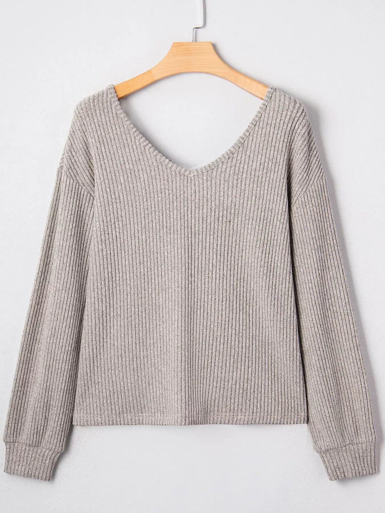 Ribbed V Neck Contrast Ribbon Bow Back Drop Shoulder Long Sleeve Top - Trendsi - Flyclothing LLC