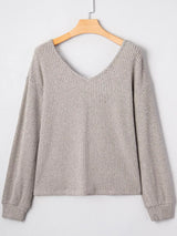 Ribbed V Neck Contrast Ribbon Bow Back Drop Shoulder Long Sleeve Top - Trendsi - Flyclothing LLC