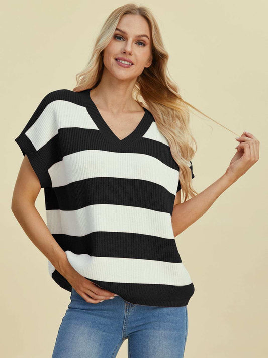 Double Take Full Size Striped V-Neck Short Sleeve Sweater - Trendsi - Flyclothing LLC