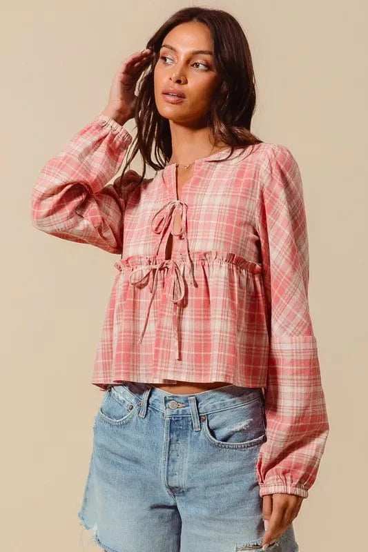 SO ME Front Tie Checkered Plaid Blouse - Trendsi - Flyclothing LLC