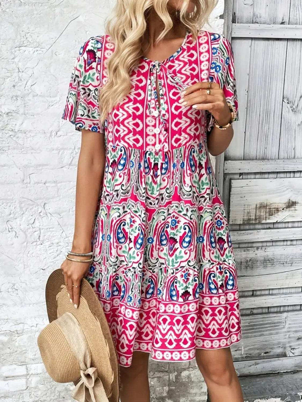 Printed Tie Neck Short Sleeve Dress - Trendsi - Flyclothing LLC