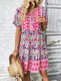 Printed Tie Neck Short Sleeve Dress - Trendsi