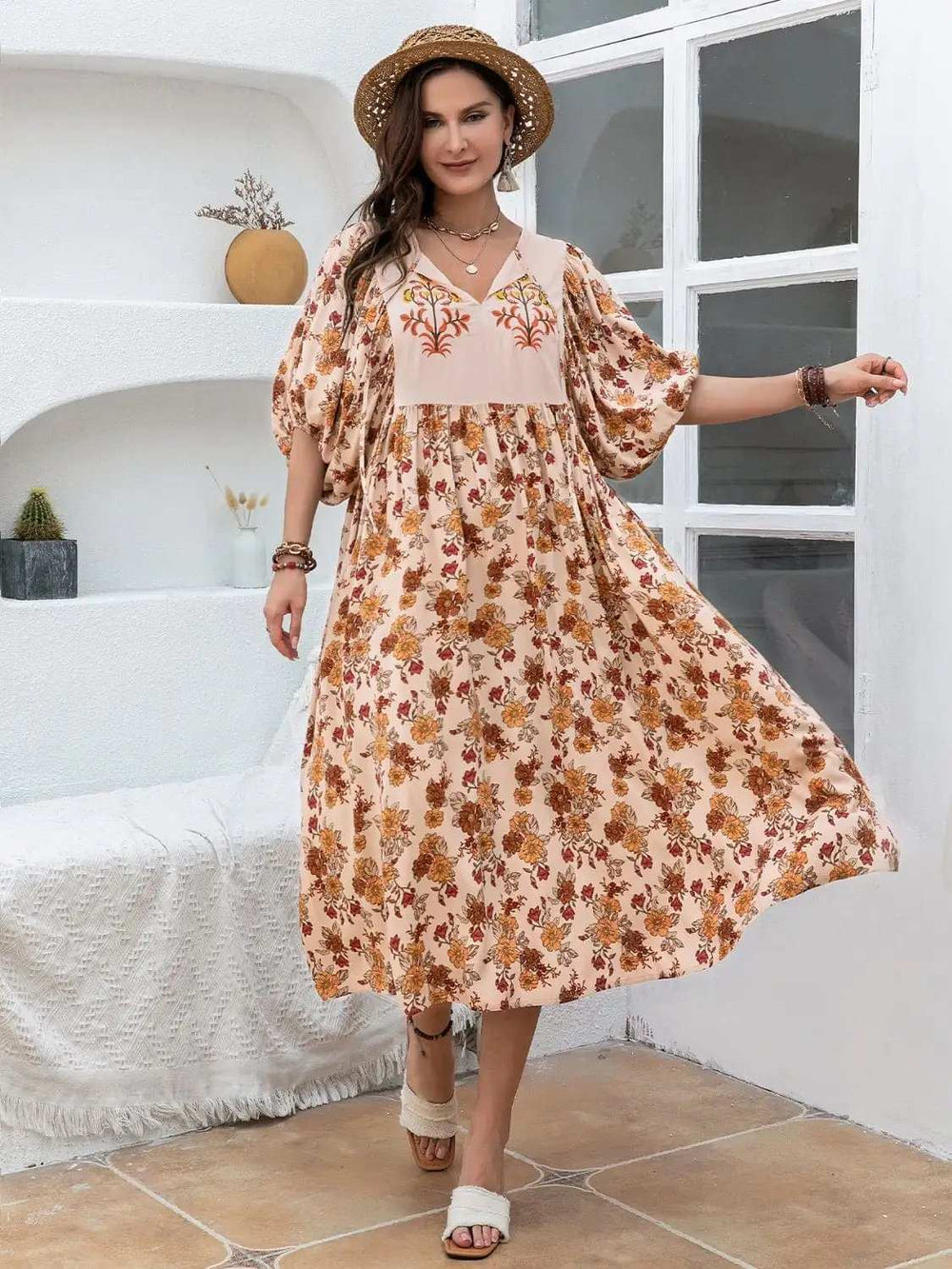 Plus Size Printed Tie Neck Half Sleeve Midi Dress - Trendsi - Flyclothing LLC