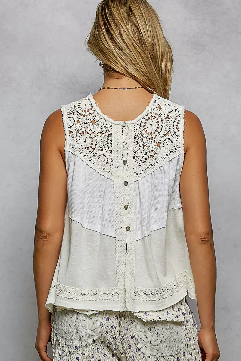 POL Round Neck Sleeveless Top with Crochet Contrast - Trendsi - Flyclothing LLC
