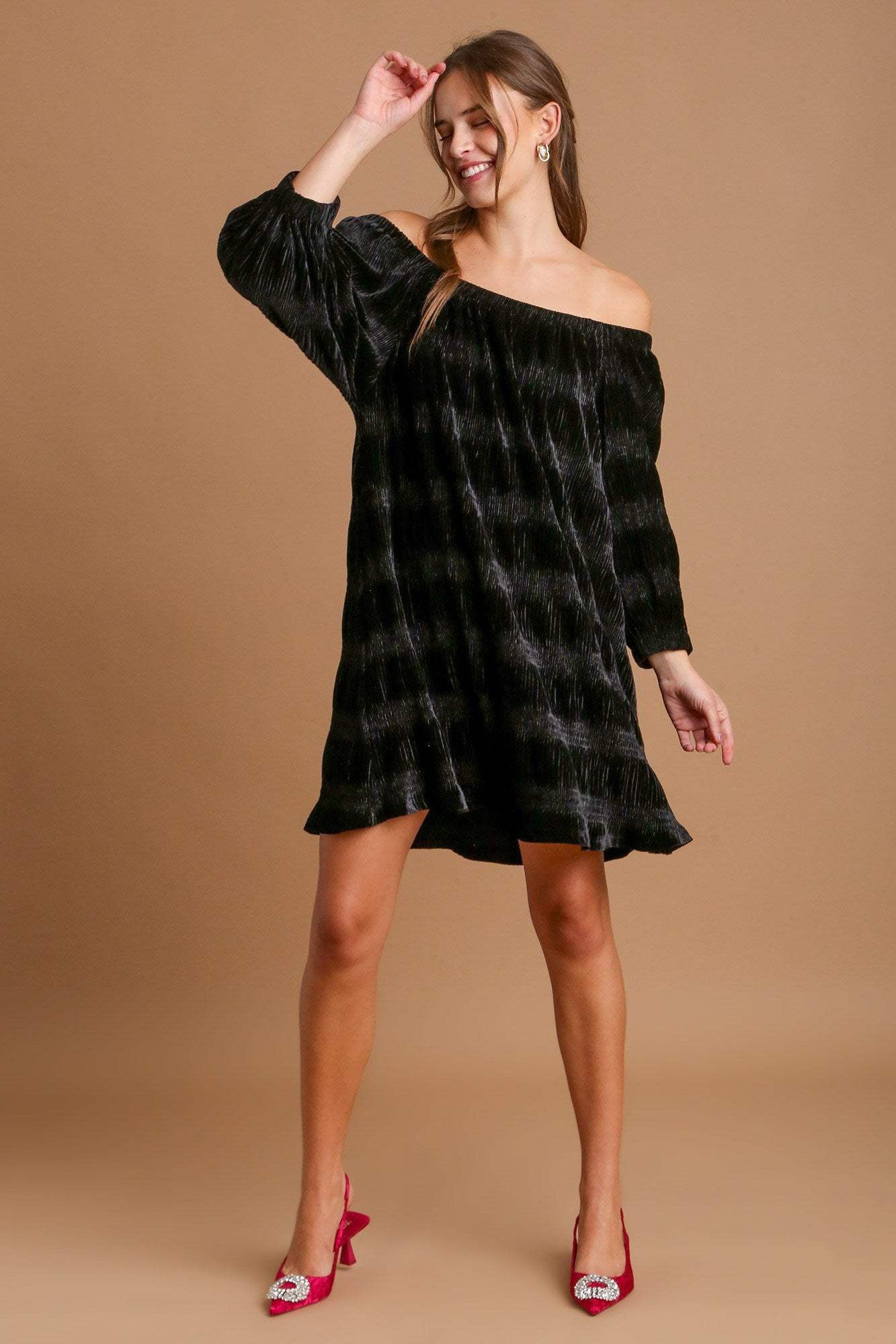 Umgee Off-Shoulder Balloon Sleeve Velvet Mini Dress - Trendsi - Flyclothing LLC