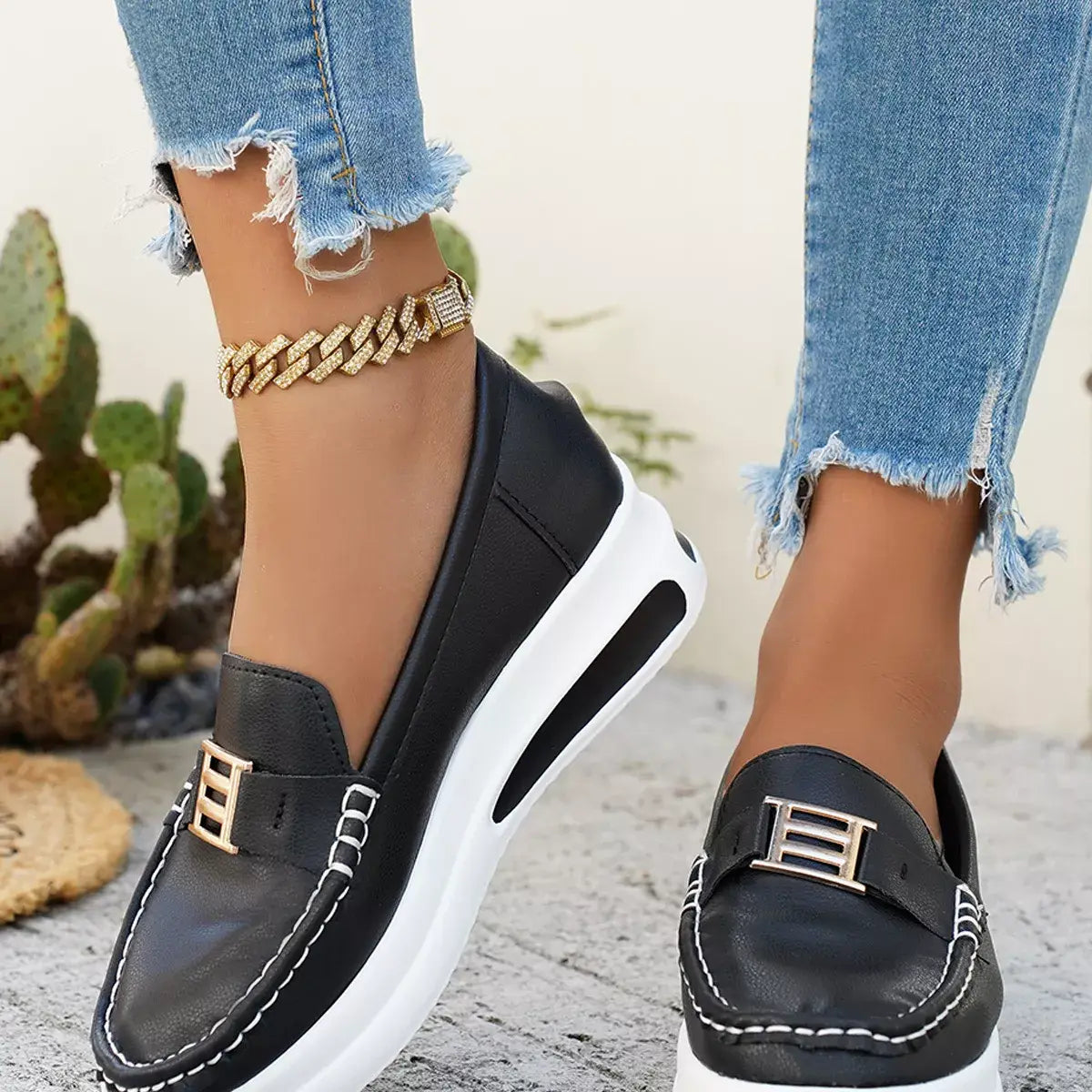 Metal Buckle Round Toe Slip-Ons - Trendsi - Flyclothing LLC