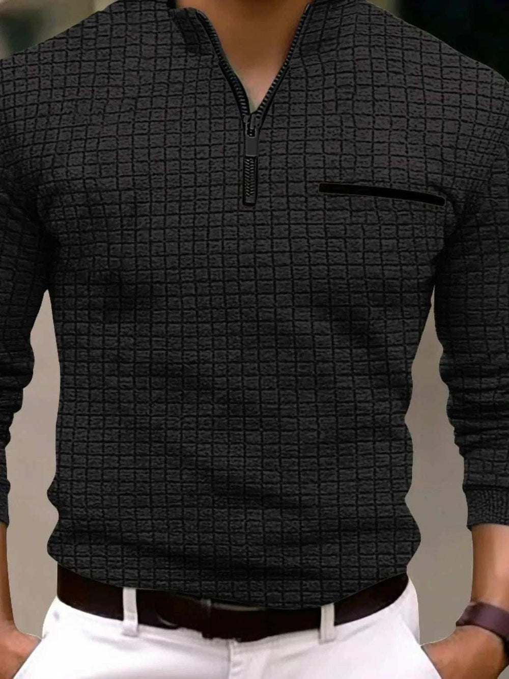 Men's Full Size Quarter Zip Long Sleeve Polo Plus Size - Trendsi - Flyclothing LLC