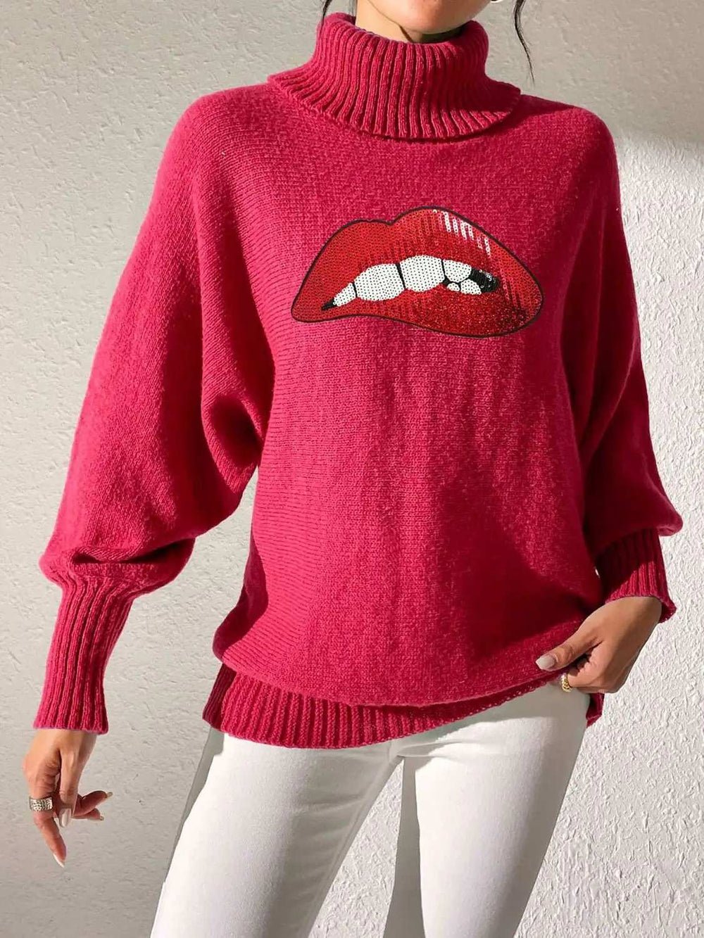 Lip Turtleneck Long Sleeve Sweater - Trendsi - Flyclothing LLC