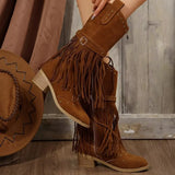 Fringe Point Toe Block Heels Boots - Trendsi - Flyclothing LLC