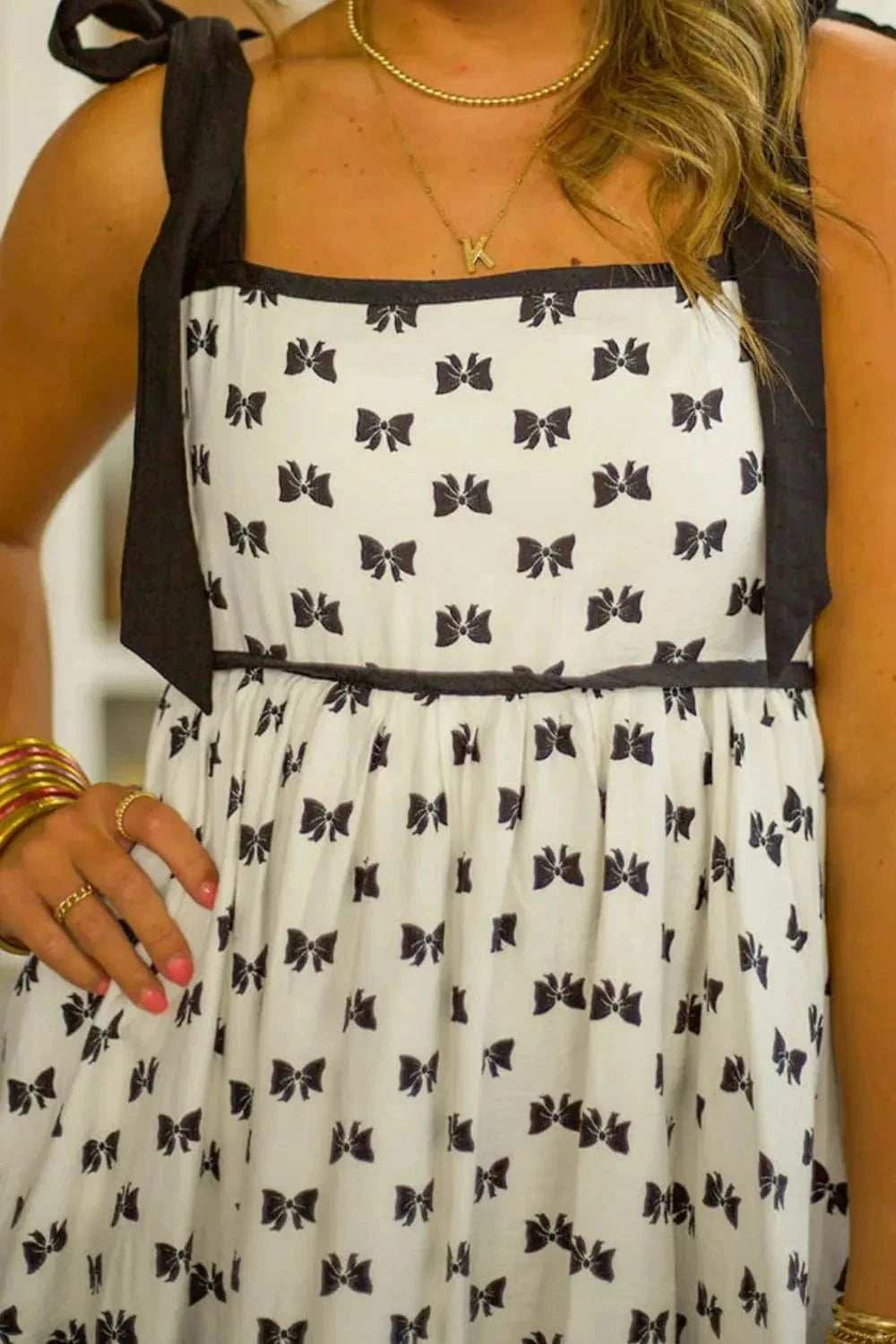 Bow Knot Color Contrast Trim Knotted Shoulder Mini Dress - Trendsi - Flyclothing LLC