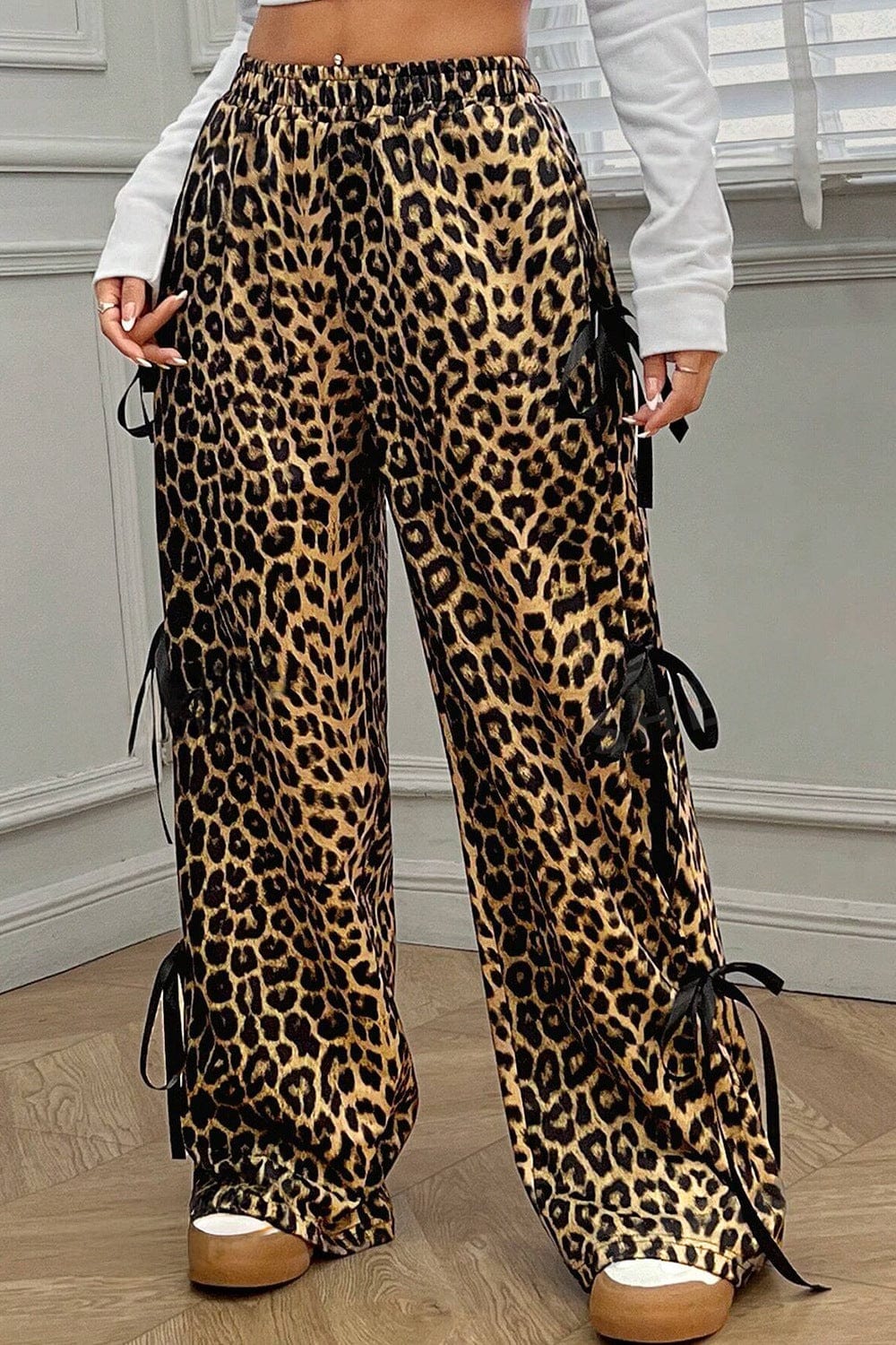 Leopard Bow Tie Elastic Waist Pants - Trendsi