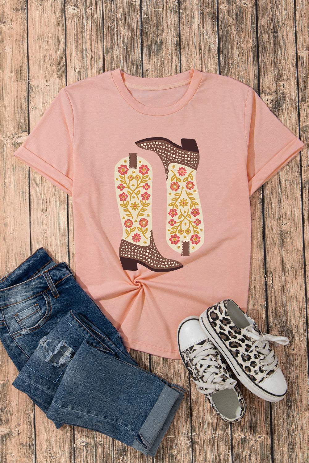 Boot Graphic Round Neck Short Sleeve T-Shirt - Trendsi - Flyclothing LLC