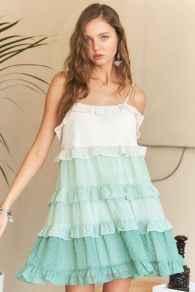 ADORA Swiss Dot Ruffled Tiered Mini Dress - Trendsi