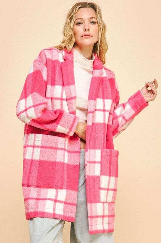 Davi & Dani Plaid Open Front Drop Shoulder Longline Coat - Trendsi - Flyclothing LLC
