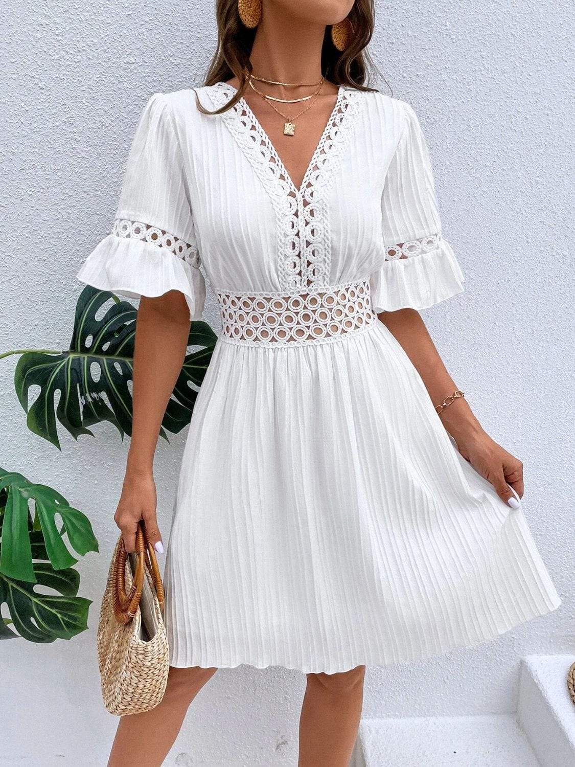 Cutout V-Neck Flounce Sleeve Mini Dress - Trendsi - Flyclothing LLC