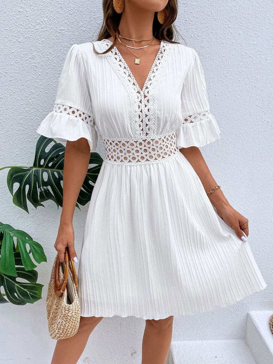 Cutout V-Neck Flounce Sleeve Mini Dress - Trendsi - Flyclothing LLC
