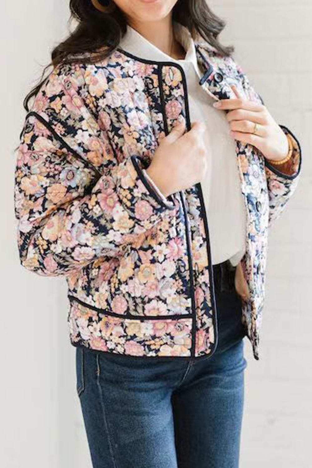 Floral Button Up Long Sleeve Winter Coat - Trendsi - Flyclothing LLC