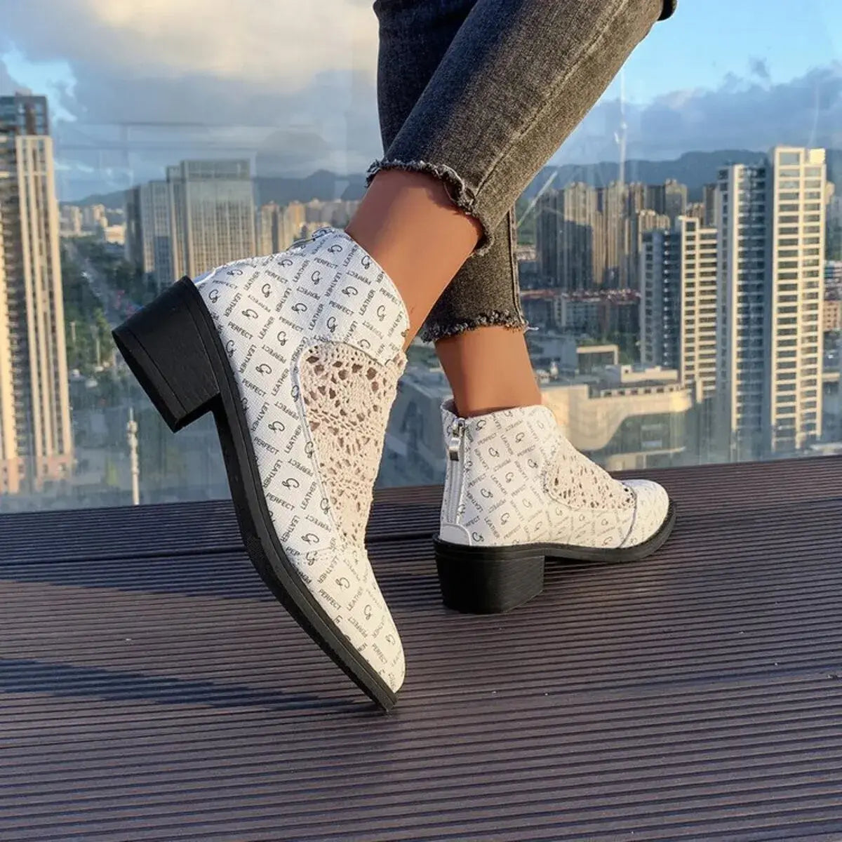 Printed Point Toe Block Heels Boots - Trendsi - Flyclothing LLC