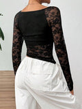 Square Neck Long Sleeve Lace Top - Trendsi