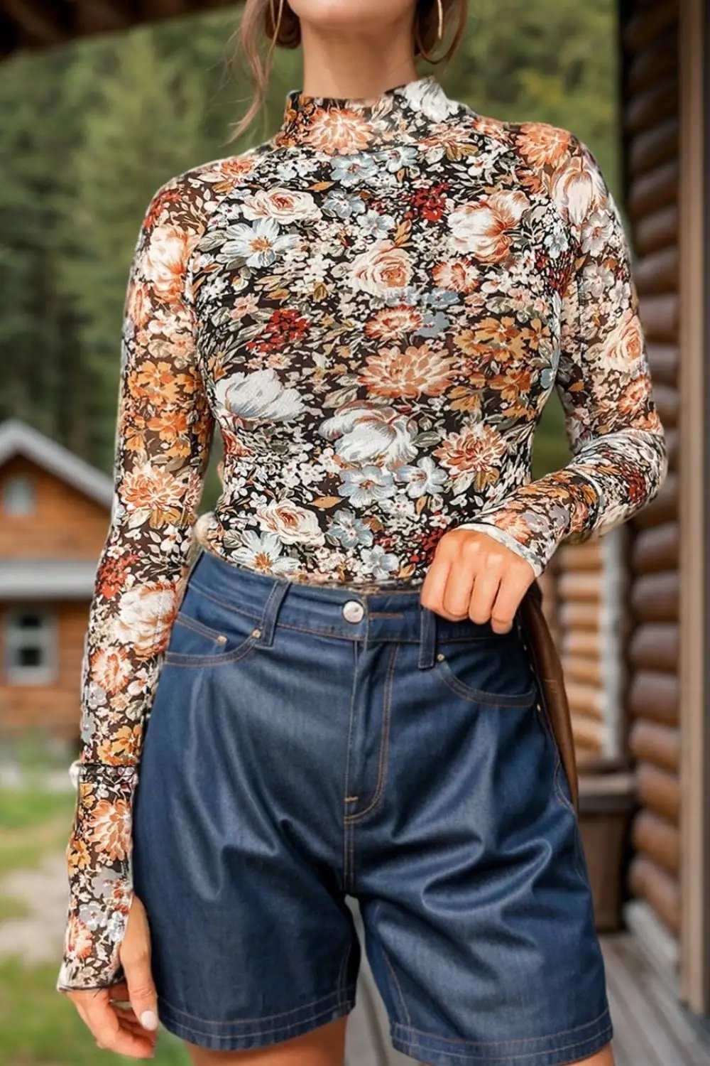 Floral Mock Neck Long Sleeve Top - Trendsi - Flyclothing LLC