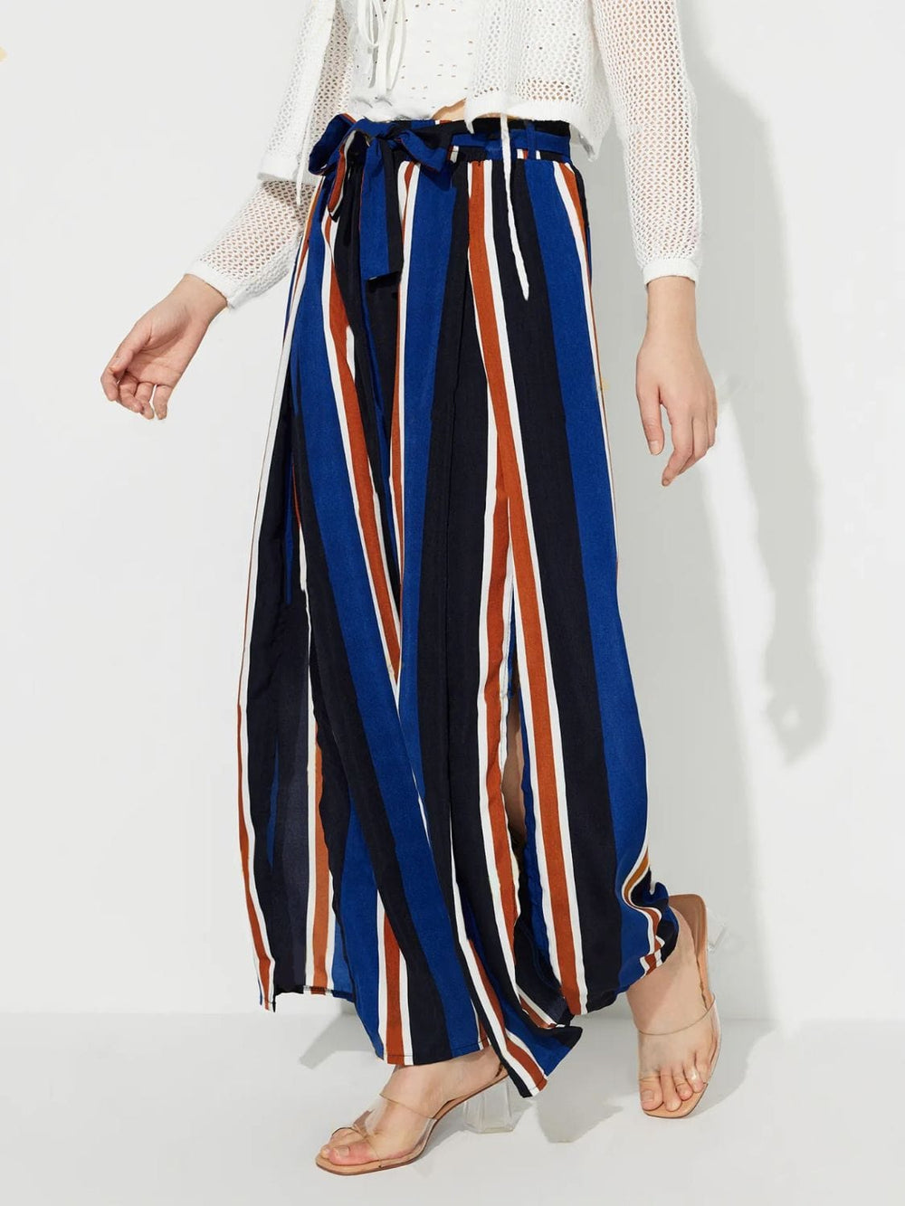 Side Slit Contrast Wide Leg Pants - Trendsi