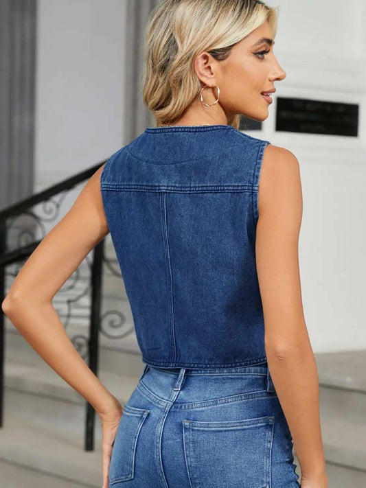 V-Neck Button Down Denim Vest - Trendsi - Flyclothing LLC