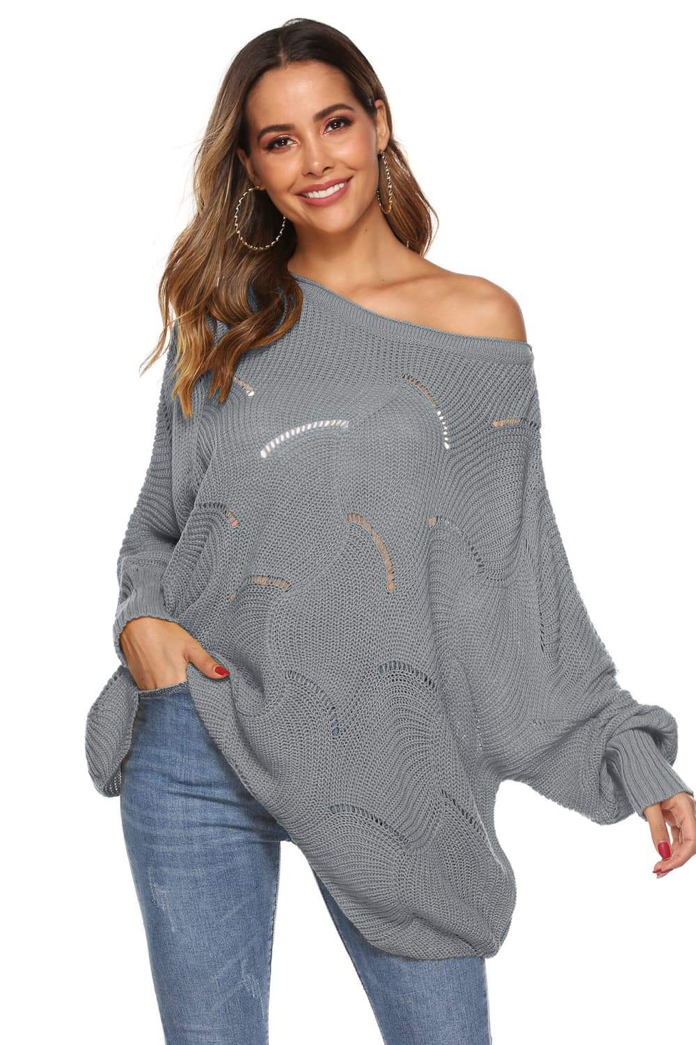 Round Neck Long Sleeve Openwork Sweater - Trendsi - Flyclothing LLC
