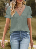 Lace Trim V-Neck Puff Sleeve Blouse - Trendsi - Flyclothing LLC