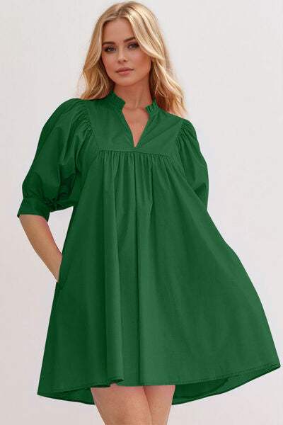 Oh Frill Notched Puff Sleeve Babydoll Mini Dress - Trendsi - Flyclothing LLC