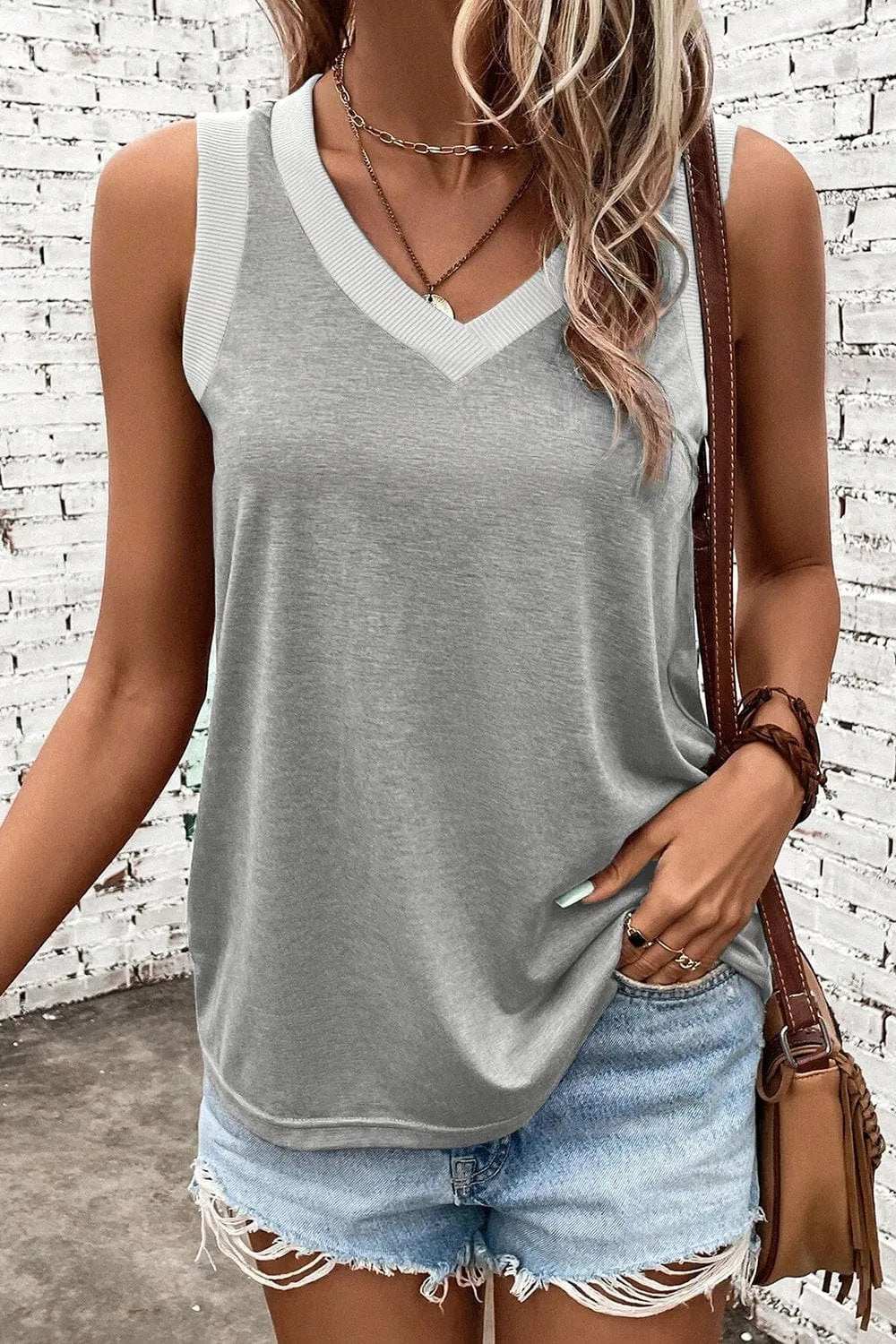 V-Neck Wide Strap Tank - Trendsi - Flyclothing LLC