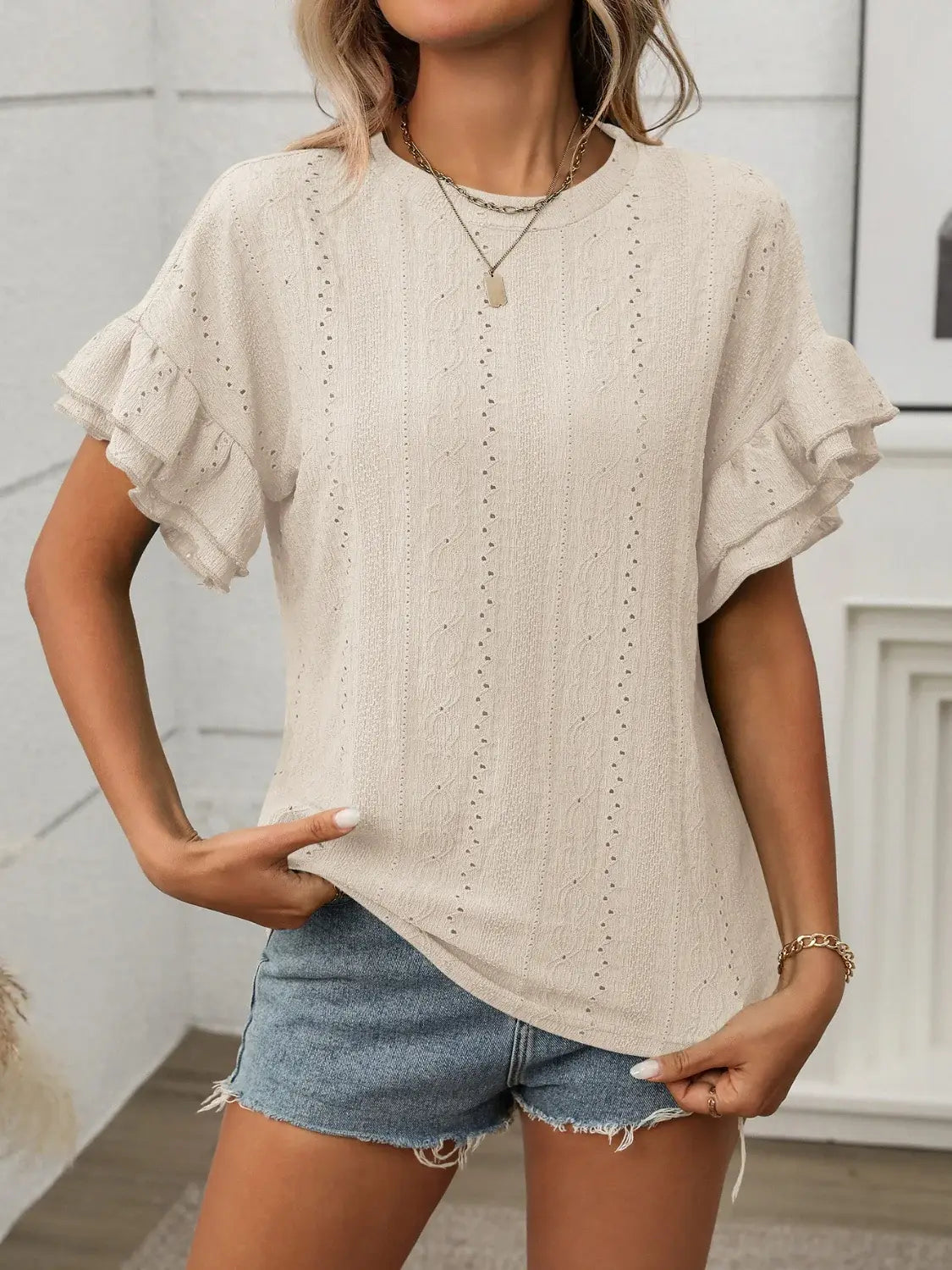 Eyelet Round Neck Flounce Sleeve Top - Trendsi - Flyclothing LLC