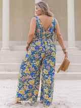 Plus Size Printed V-Neck Wide Leg Jumpsuit - Trendsi - Flyclothing LLC
