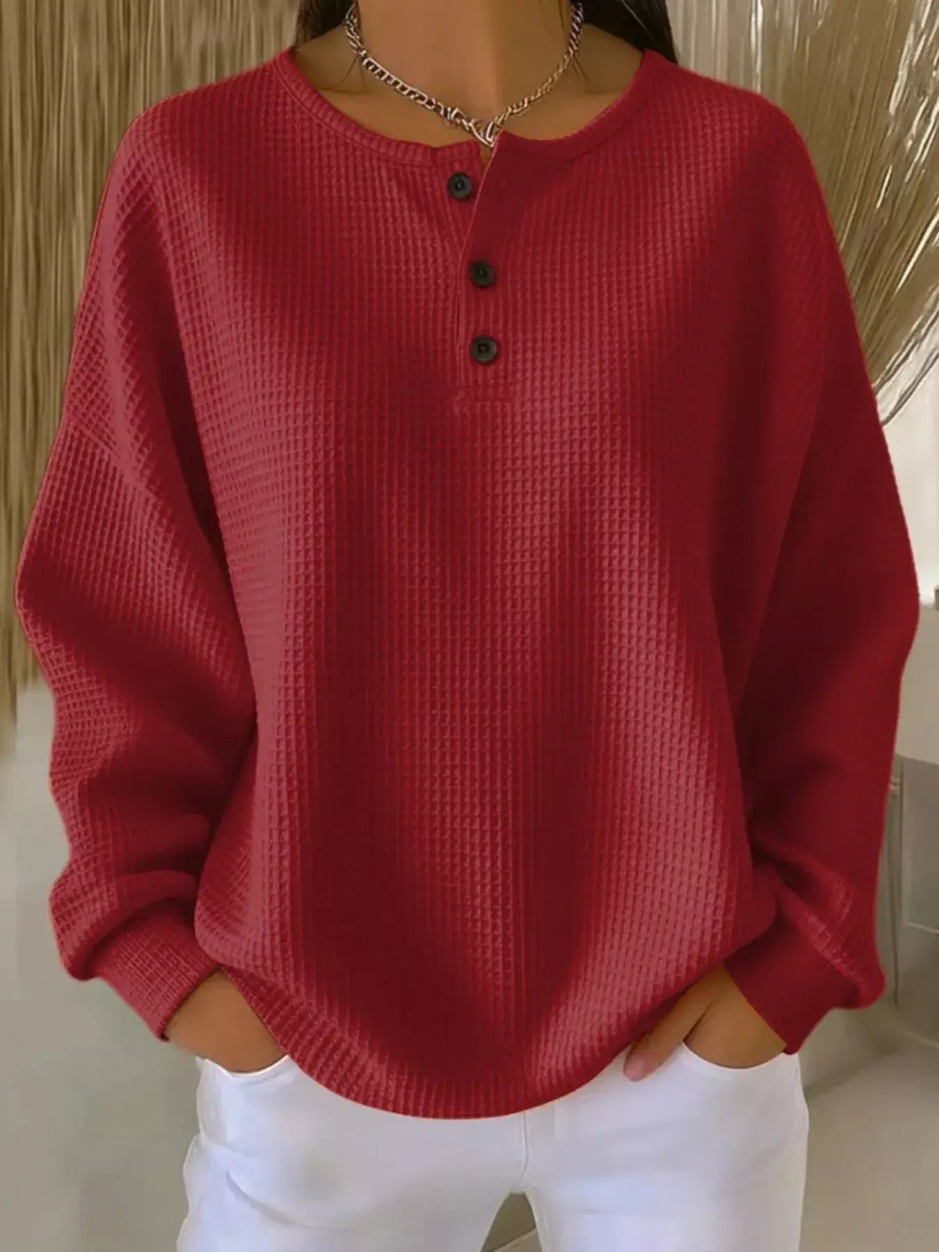 Full Size Casual Waffle Knit Button Detail Pullover Plus Size - Trendsi - Flyclothing LLC