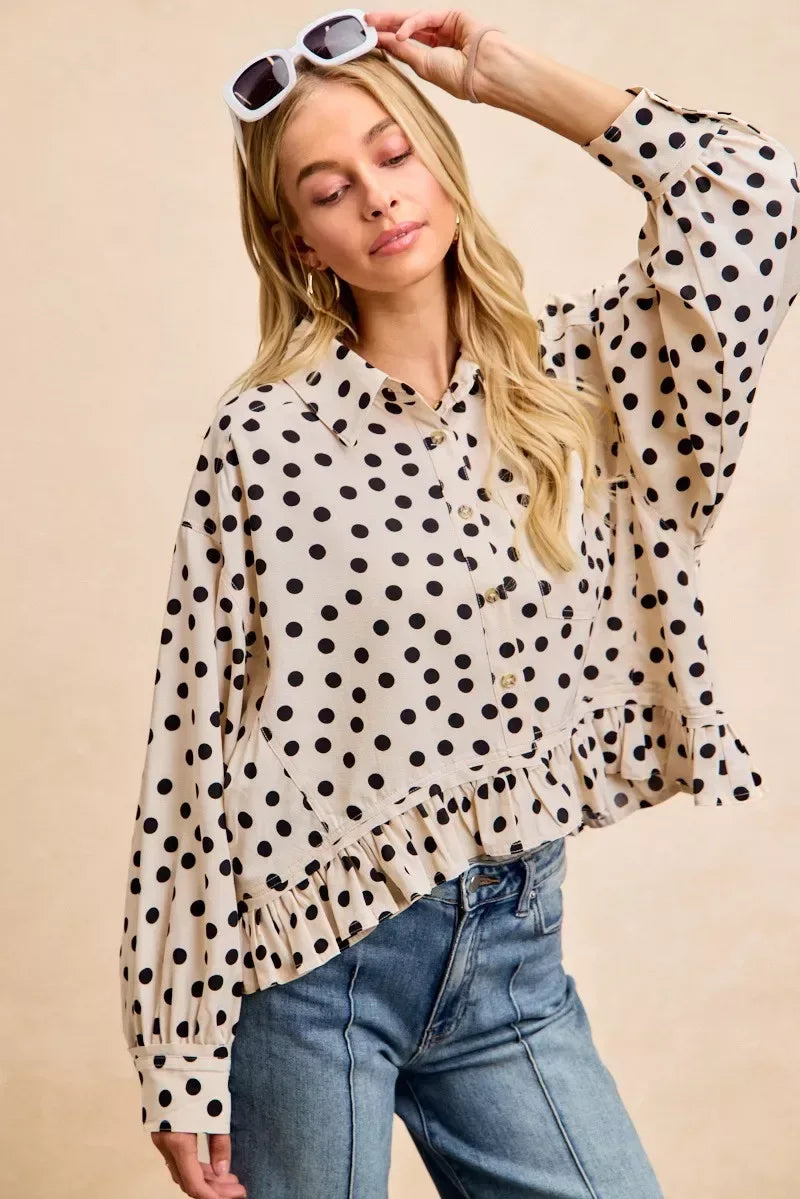 BiBi Crinkle Polka Dot Ruffled Hem Button Up Shirt Top - Trendsi - Flyclothing LLC