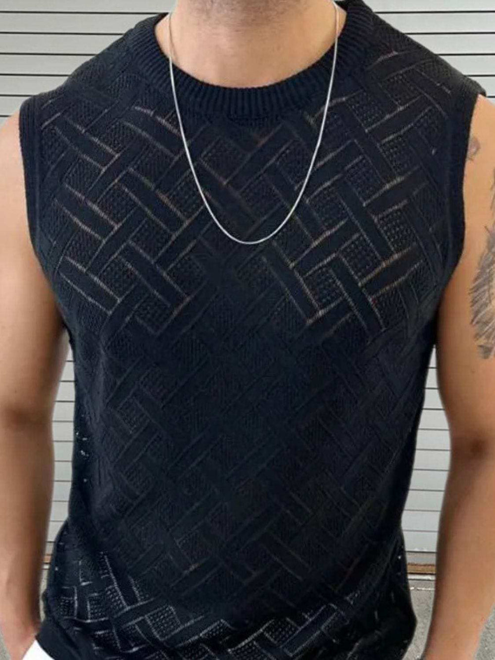 Men's Round Neck Sleeveless Eyelet Knit Top - Trendsi - Flyclothing LLC