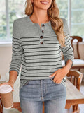 Lovelet Quarter Button Striped Round Neck Long Sleeve T-Shirt - Trendsi - Flyclothing LLC