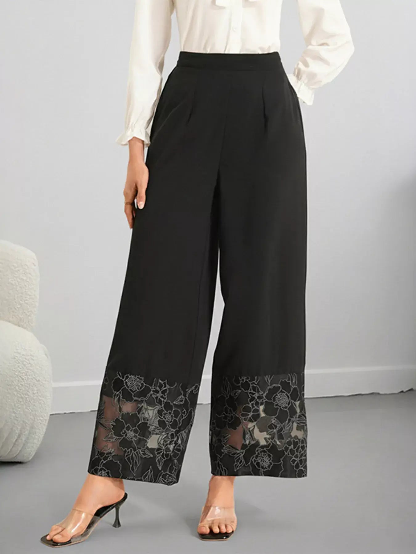 Floral Lace Hem Wide Leg Pants - Trendsi - Flyclothing LLC