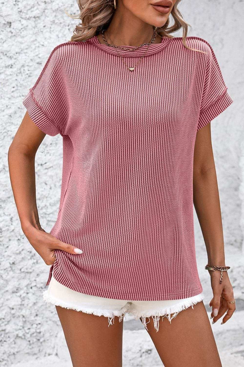 Striped Round Neck Short Sleeve T-Shirt - Trendsi - Flyclothing LLC