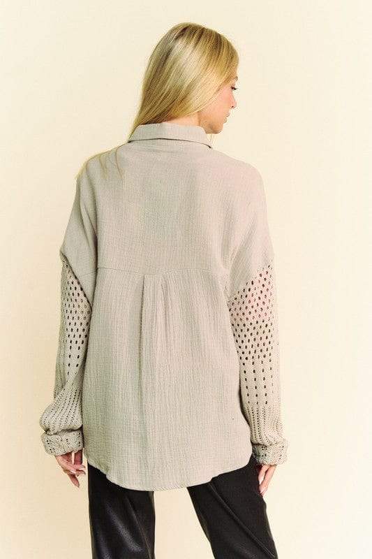 Davi & Dani Crochet Sleeve Crinkled Texture Shirt - Trendsi - Flyclothing LLC