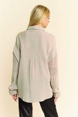 Davi & Dani Crochet Sleeve Crinkled Texture Shirt - Trendsi - Flyclothing LLC