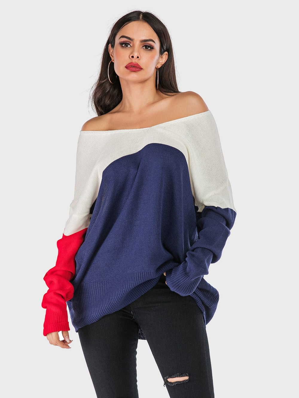 Perfee Contrast V-Neck Long Sleeve Knit Top - Trendsi