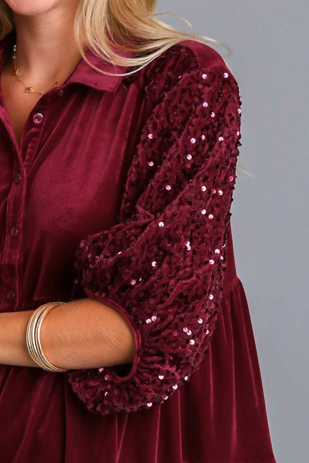 Umgee Sequin Detail Tiered Back Half Sleeve Shirt - Trendsi - Flyclothing LLC