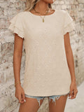 Eyelet Round Neck Double Layered Ruffled Short Sleeve Top - Trendsi - Flyclothing LLC