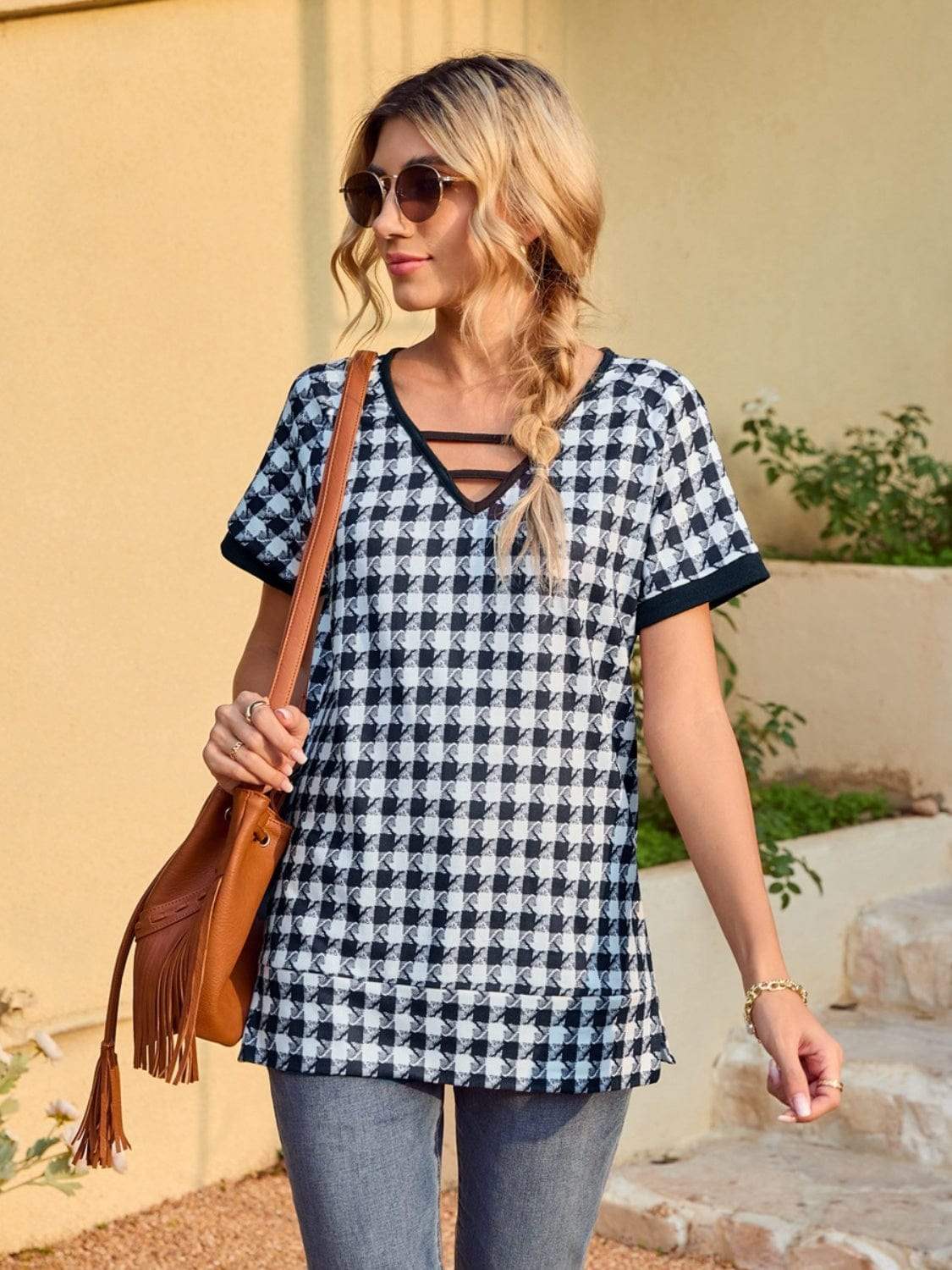 Houndstooth V-Neck Short Sleeve T-Shirt - Trendsi - Flyclothing LLC