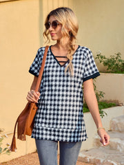 Houndstooth V-Neck Short Sleeve T-Shirt - Trendsi