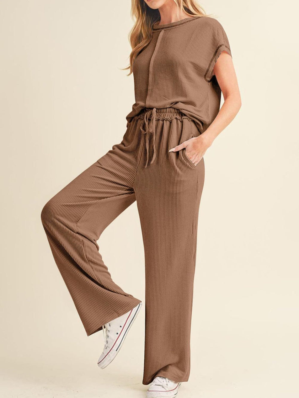 Ribbed Exposed Seam Top and Pants Set - Trendsi
