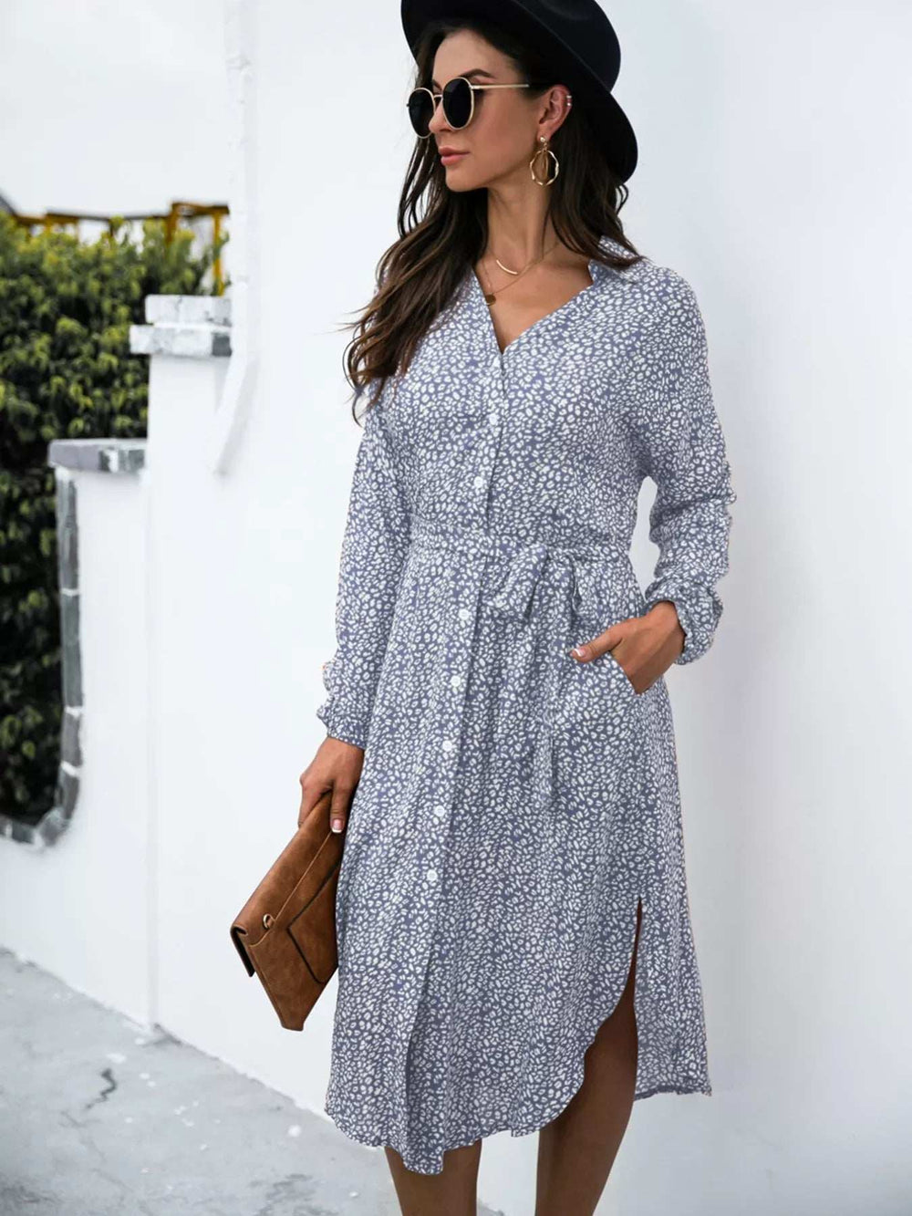 Button Down Printed Long Sleeve Shirt Dress - Trendsi - Flyclothing LLC