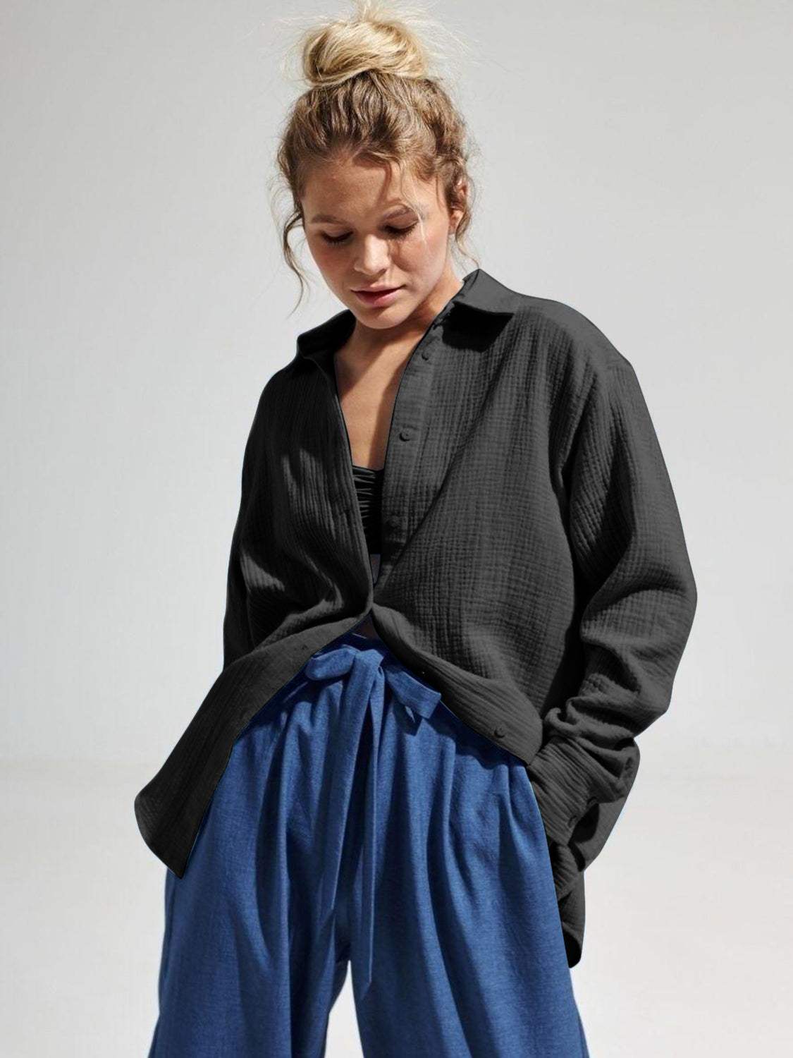 Textured Collared Neck Long Sleeve Shirt - Trendsi - Flyclothing LLC