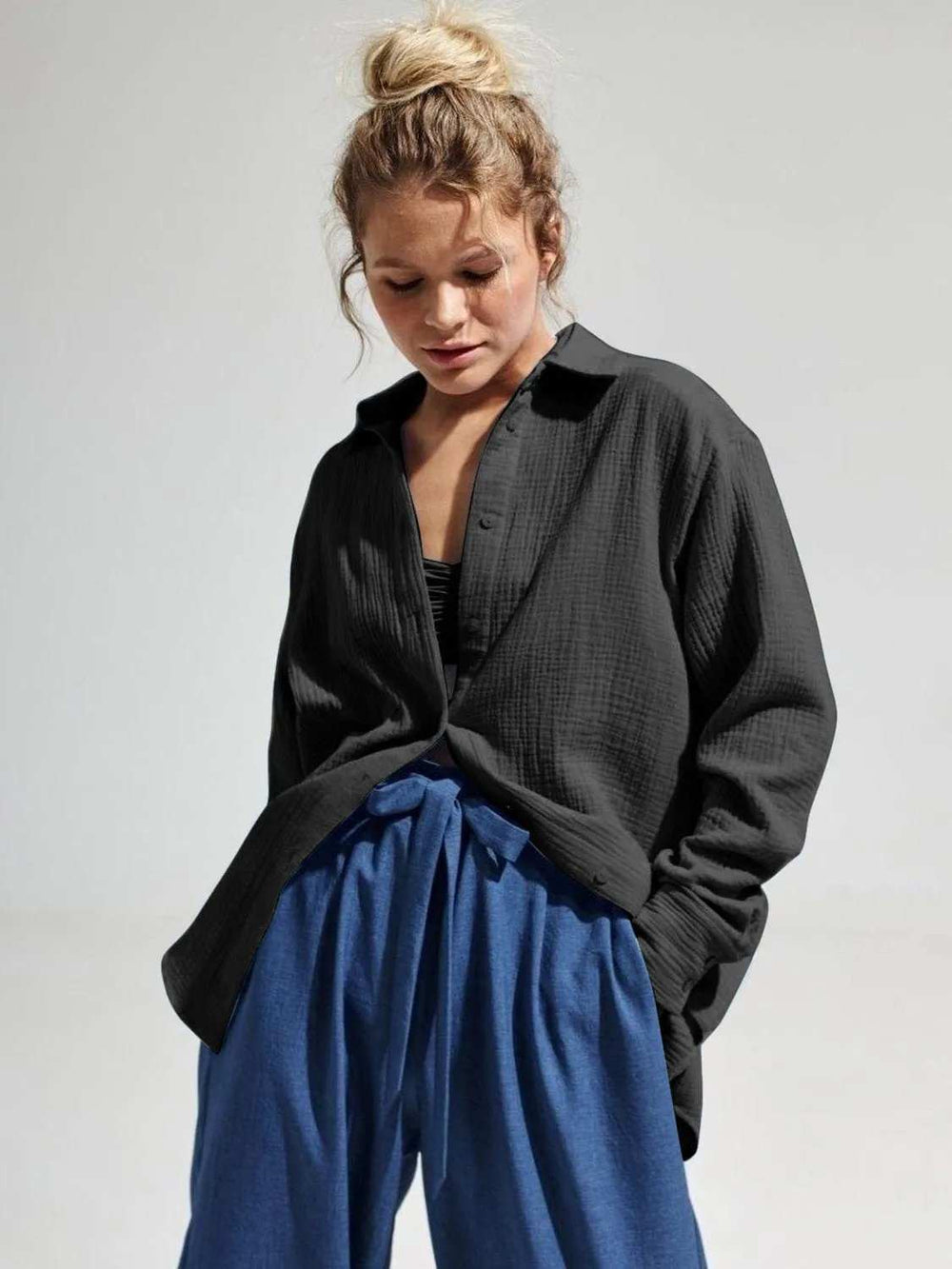 Textured Collared Neck Long Sleeve Shirt - Trendsi - Flyclothing LLC